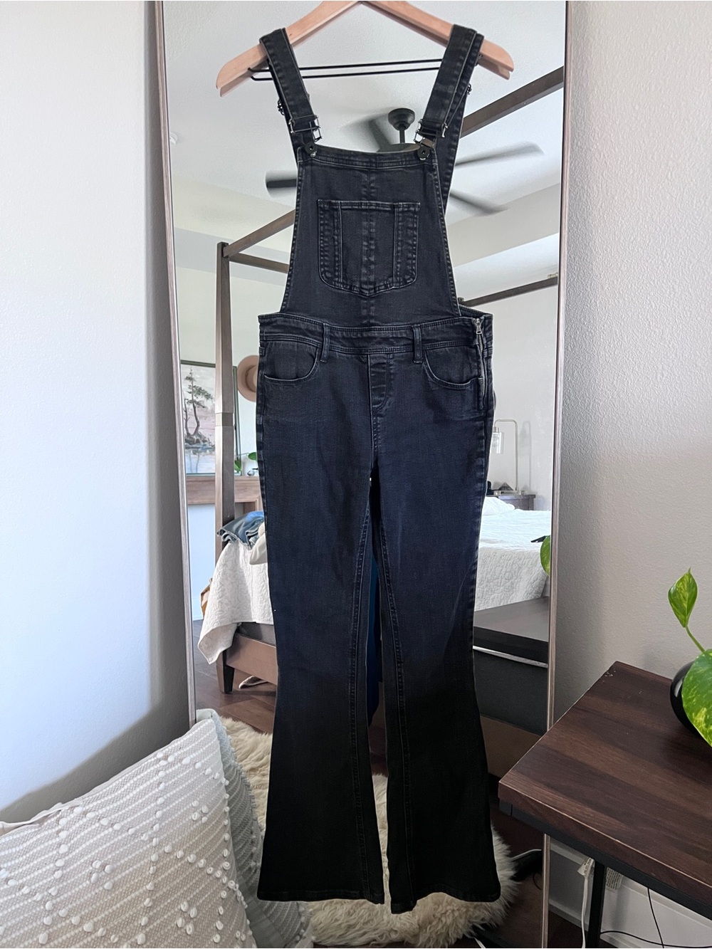 PAIGE Tavie Black Denim Flare Overalls Adjustable Straps